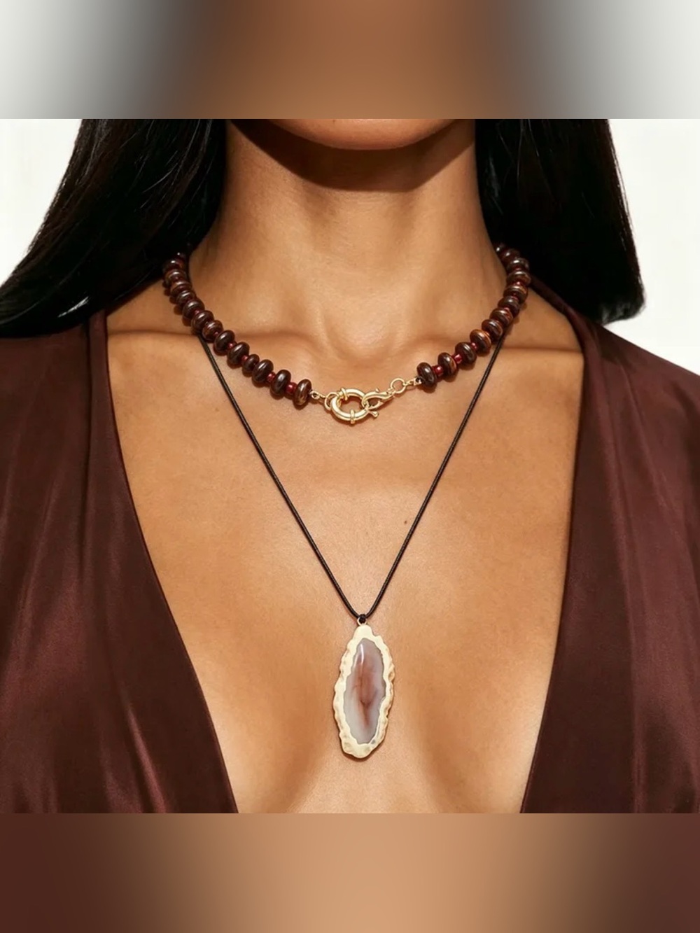 Boho Faux Agate Slice & Beaded Layering Necklace Set (2 Pieces)